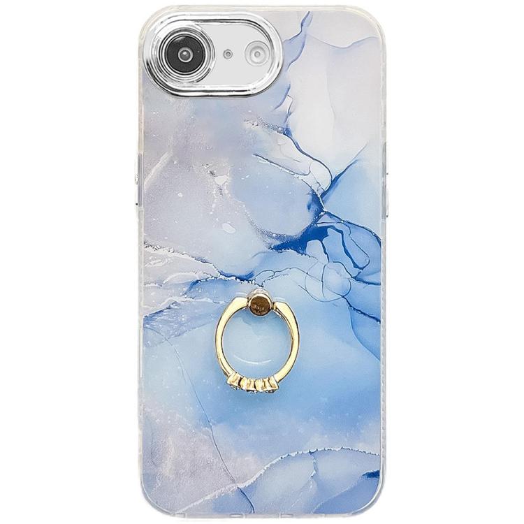 For iPhone 16e Electroplated Marble Texture Ring Holder Phone Case(Blue S11) - iPhone 16e Cases by buy2fix | Online Shopping UK | buy2fix