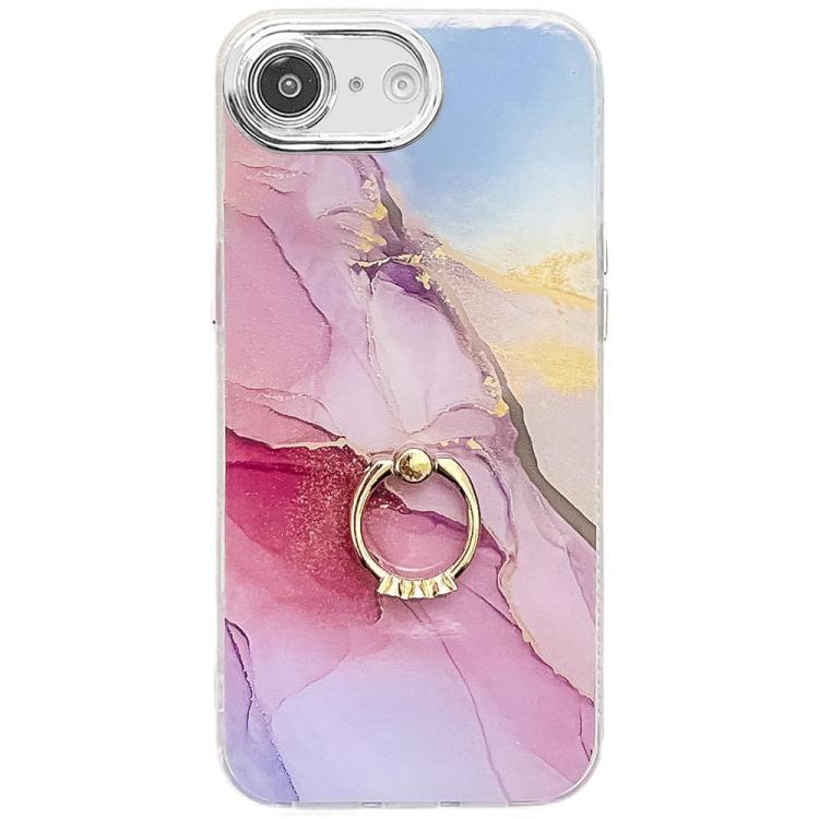 For iPhone 16e Electroplated Marble Texture Ring Holder Phone Case(Gold Pink Red S12) - iPhone 16e Cases by buy2fix | Online Shopping UK | buy2fix