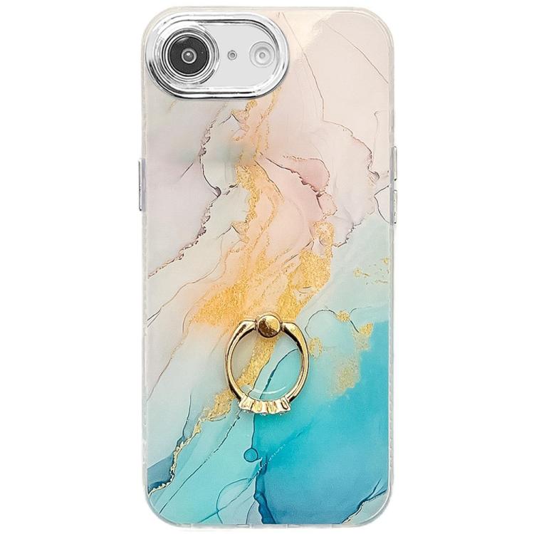 For iPhone 16e Electroplated Marble Texture Ring Holder Phone Case(Yellow Green S13) - iPhone 16e Cases by buy2fix | Online Shopping UK | buy2fix
