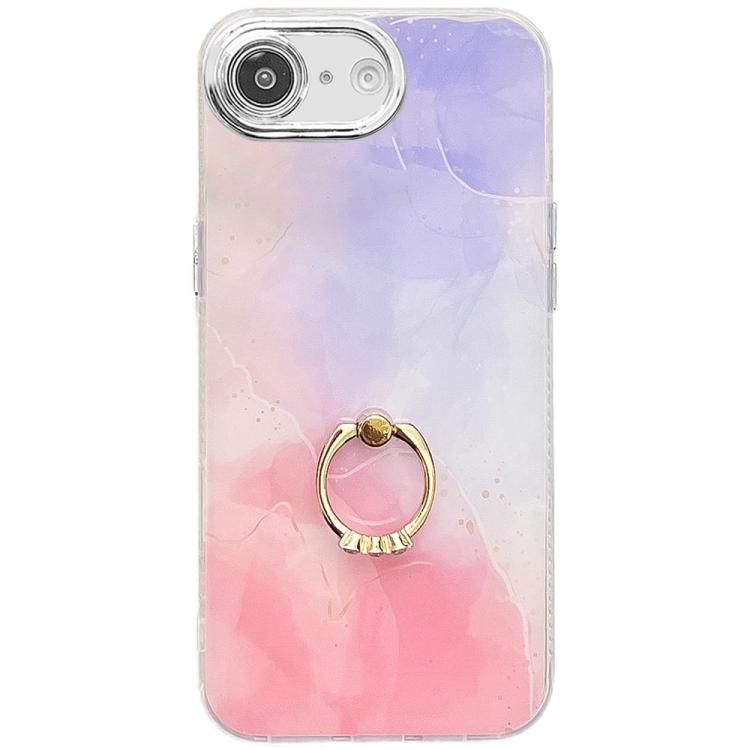 For iPhone 16e Electroplated Marble Texture Ring Holder Phone Case(Purple Pink S14) - iPhone 16e Cases by buy2fix | Online Shopping UK | buy2fix