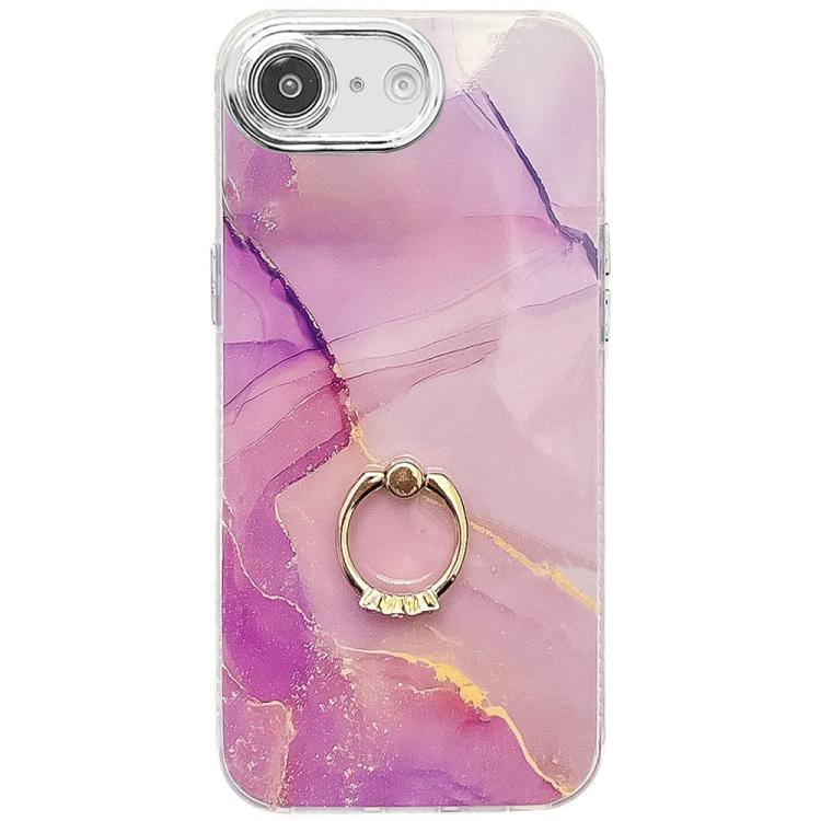 For iPhone 16e Electroplated Marble Texture Ring Holder Phone Case(Gold Purple Red S15) - iPhone 16e Cases by buy2fix | Online Shopping UK | buy2fix