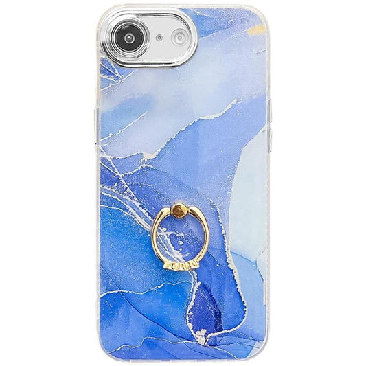 For iPhone 16e Electroplated Marble Texture Ring Holder Phone Case(Dark Blue S16) - iPhone 16e Cases by buy2fix | Online Shopping UK | buy2fix