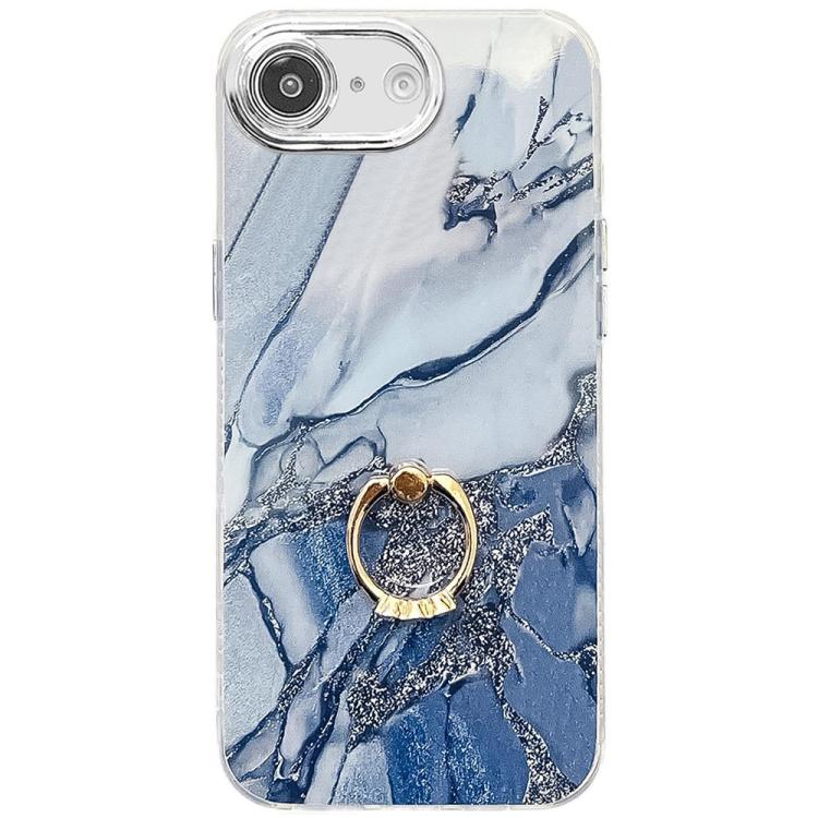 For iPhone 16e Electroplated Marble Texture Ring Holder Phone Case(Navy Blue S17) - iPhone 16e Cases by buy2fix | Online Shopping UK | buy2fix