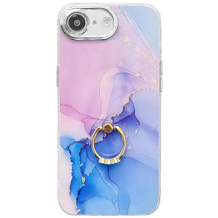 For iPhone 16e Electroplated Marble Texture Ring Holder Phone Case(Purple Blue S18) - iPhone 16e Cases by buy2fix | Online Shopping UK | buy2fix