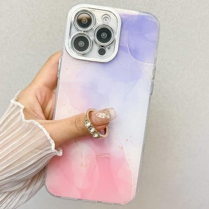 For iPhone 16e Electroplated Marble Texture Ring Holder Phone Case(Yellow Green S13) - iPhone 16e Cases by buy2fix | Online Shopping UK | buy2fix