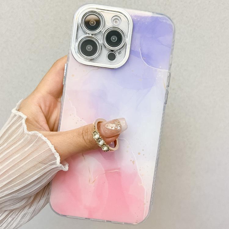 For iPhone 16e Electroplated Marble Texture Ring Holder Phone Case(Light Purple S6) - iPhone 16e Cases by buy2fix | Online Shopping UK | buy2fix
