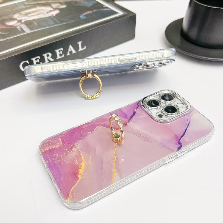 For iPhone 16e Electroplated Marble Texture Ring Holder Phone Case(Gold White S1) - iPhone 16e Cases by buy2fix | Online Shopping UK | buy2fix