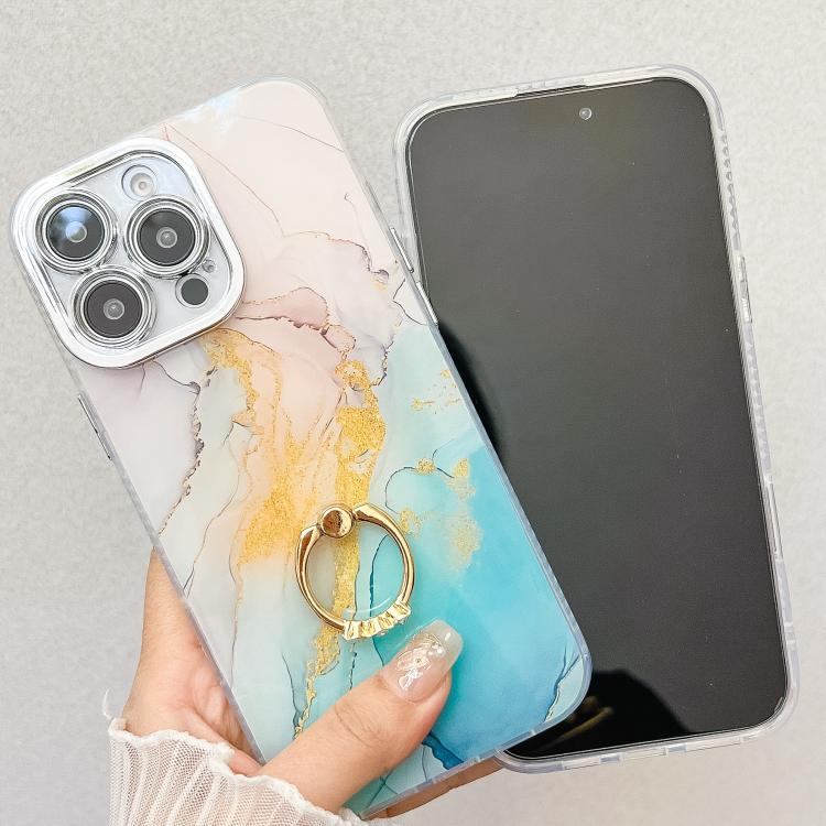 For iPhone 16e Electroplated Marble Texture Ring Holder Phone Case(Yellow Green S13) - iPhone 16e Cases by buy2fix | Online Shopping UK | buy2fix