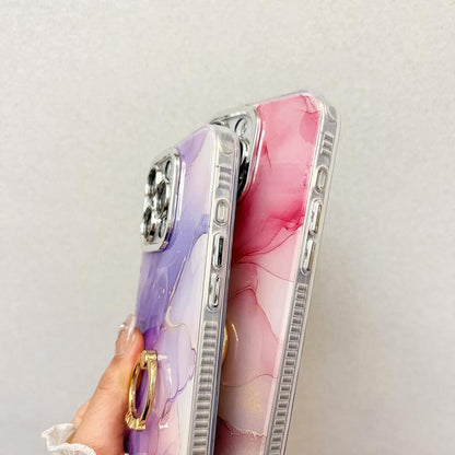 For iPhone 16e Electroplated Marble Texture Ring Holder Phone Case(Gold Purple Red S15) - iPhone 16e Cases by buy2fix | Online Shopping UK | buy2fix