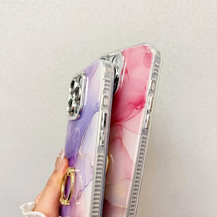 For iPhone 16e Electroplated Marble Texture Ring Holder Phone Case(Navy Blue S17) - iPhone 16e Cases by buy2fix | Online Shopping UK | buy2fix