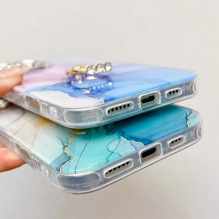 For iPhone 16e Electroplated Marble Texture Ring Holder Phone Case(Blue Green S9) - iPhone 16e Cases by buy2fix | Online Shopping UK | buy2fix