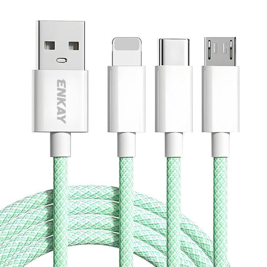 ENKAY CB173 3-in-1 Candy Color 60W USB to 8 Pin / Type-C / Micro USB Charging Data Cable, Length:1m(Green)