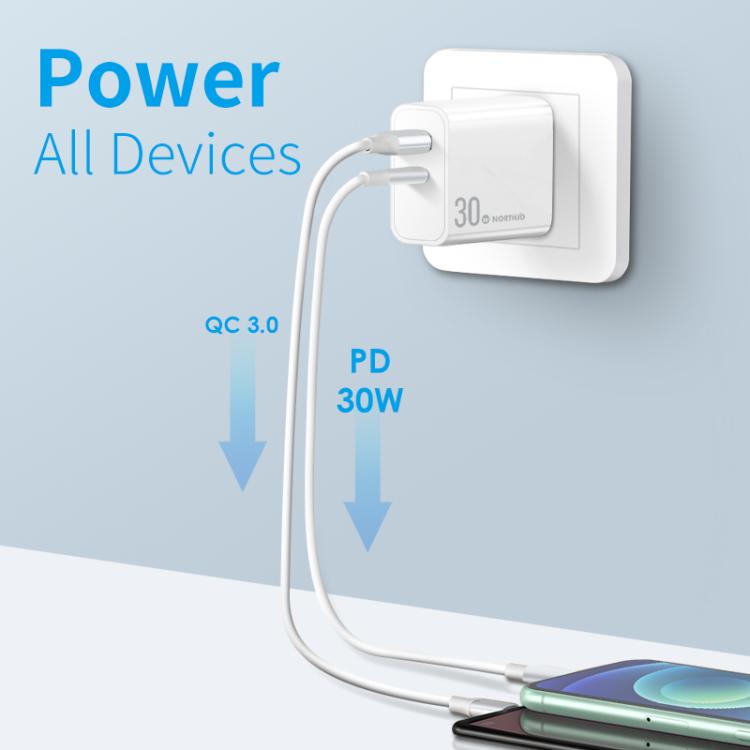 NORTHJO NOPD3002 USB-C / Type-C PD 30W + QC3.0 USB Dual Port Wall Fast Charger US Plug(White) - USB Charger by NORTHJO | Online Shopping UK | buy2fix