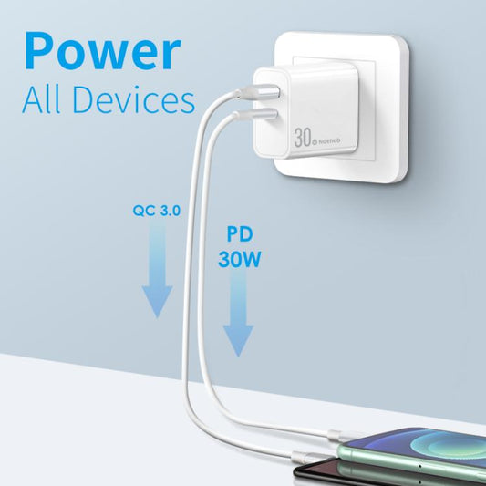 NORTHJO NOPD3002 USB-C / Type-C PD 30W + QC3.0 USB Dual Port Wall Fast Charger US Plug(White) - USB Charger by NORTHJO | Online Shopping UK | buy2fix