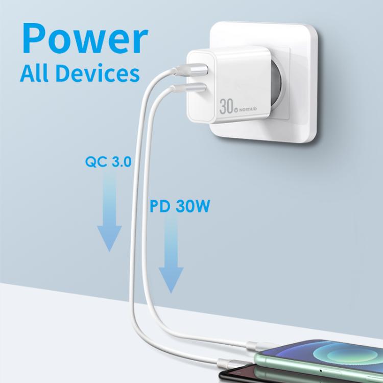 NORTHJO NOPD3002 USB-C / Type-C PD 30W + QC3.0 USB Dual Port Wall Fast Charger EU Plug(White) - USB Charger by NORTHJO | Online Shopping UK | buy2fix