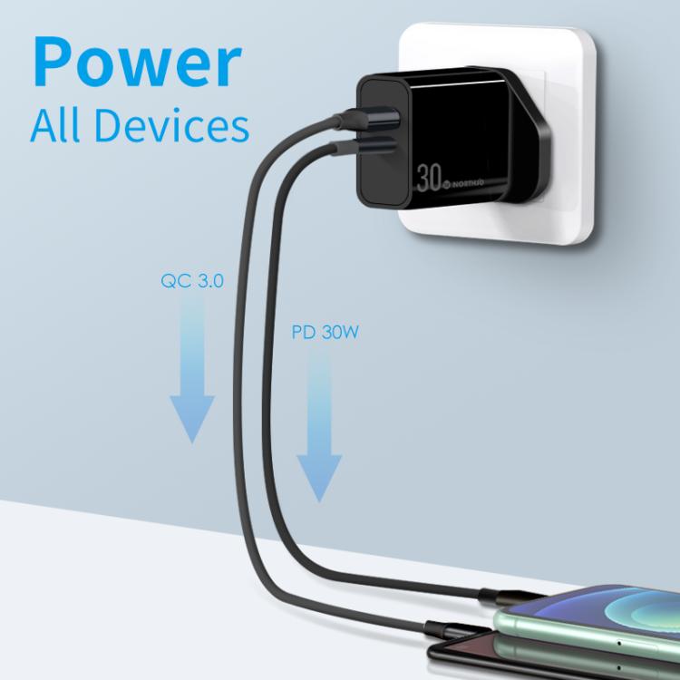 NORTHJO NOPD3002 USB-C / Type-C PD 30W + QC3.0 USB Dual Port Wall Fast Charger UK Plug(Black) - USB Charger by NORTHJO | Online Shopping UK | buy2fix