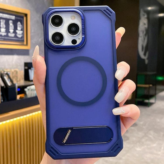 For iPhone 14 Pro Max Skin Feel Frameless MagSafe PC Phone Case with Fold Holder(Blue)