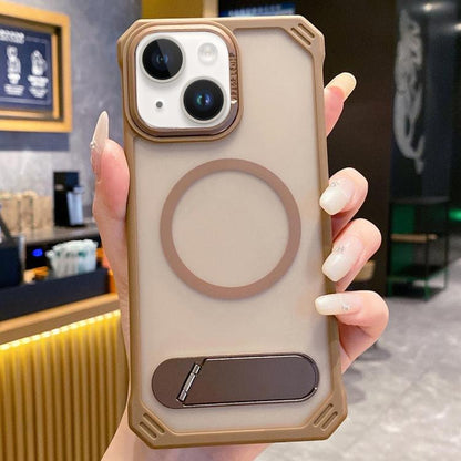 For iPhone 15 Skin Feel Frameless MagSafe PC Phone Case with Fold Holder(Desert Gold) - iPhone 15 Cases by buy2fix | Online Shopping UK | buy2fix