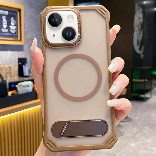 For iPhone 15 Skin Feel Frameless MagSafe PC Phone Case with Fold Holder(Desert Gold) - iPhone 15 Cases by buy2fix | Online Shopping UK | buy2fix