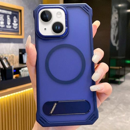 For iPhone 15 Skin Feel Frameless MagSafe PC Phone Case with Fold Holder(Blue) - iPhone 15 Cases by buy2fix | Online Shopping UK | buy2fix