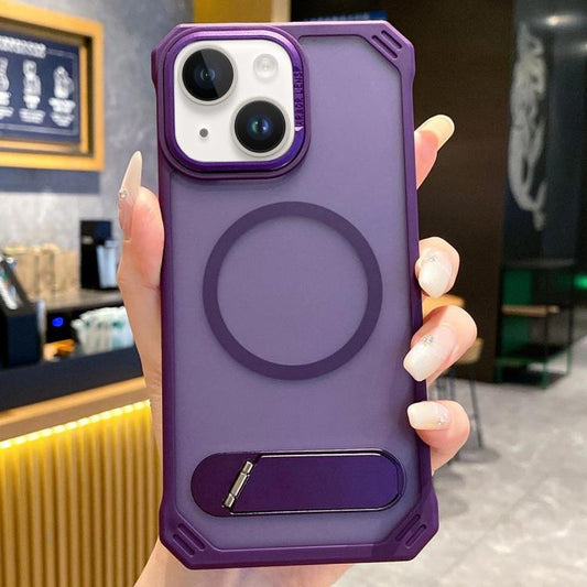For iPhone 15 Skin Feel Frameless MagSafe PC Phone Case with Fold Holder(Purple) - iPhone 15 Cases by buy2fix | Online Shopping UK | buy2fix