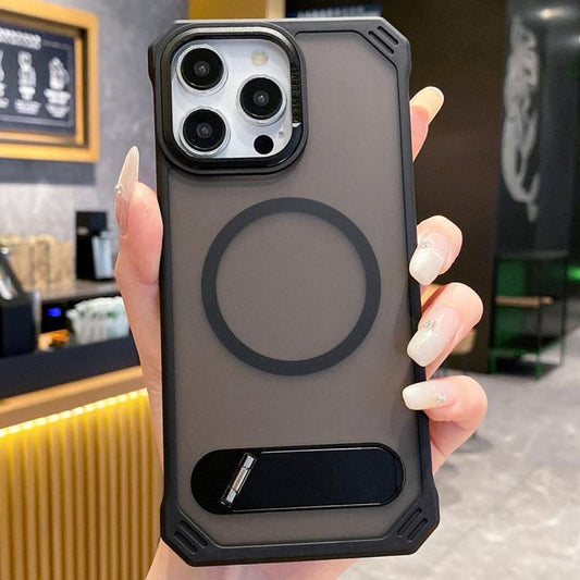 For iPhone 15 Pro Skin Feel Frameless MagSafe PC Phone Case with Fold Holder(Black) - iPhone 15 Pro Cases by buy2fix | Online Shopping UK | buy2fix