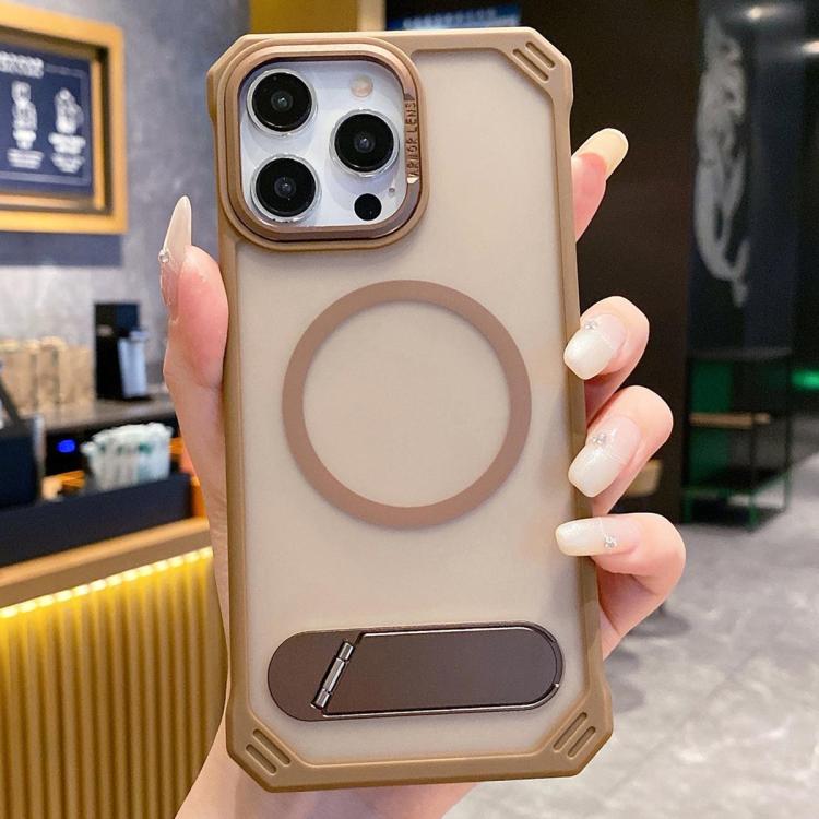 For iPhone 15 Pro Skin Feel Frameless MagSafe PC Phone Case with Fold Holder(Desert Gold) - iPhone 15 Pro Cases by buy2fix | Online Shopping UK | buy2fix