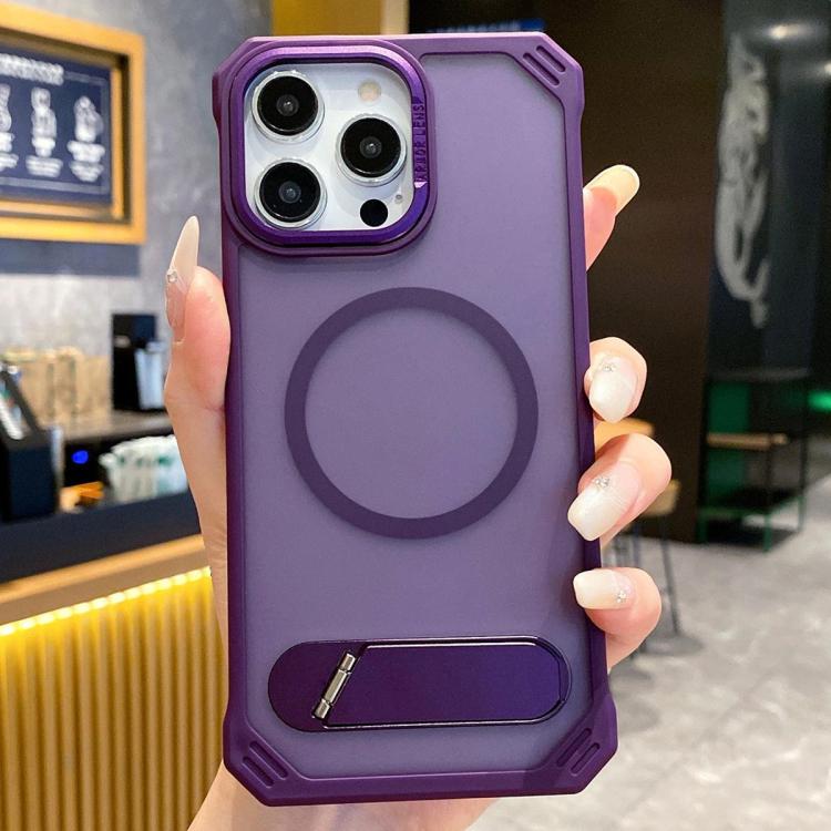 For iPhone 15 Pro Skin Feel Frameless MagSafe PC Phone Case with Fold Holder(Purple) - iPhone 15 Pro Cases by buy2fix | Online Shopping UK | buy2fix