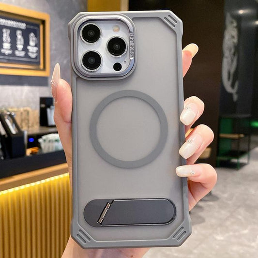 For iPhone 15 Pro Max Skin Feel Frameless MagSafe PC Phone Case with Fold Holder(Grey) - iPhone 15 Pro Max Cases by buy2fix | Online Shopping UK | buy2fix