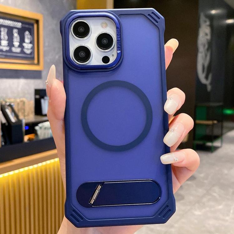 For iPhone 15 Pro Max Skin Feel Frameless MagSafe PC Phone Case with Fold Holder(Blue) - iPhone 15 Pro Max Cases by buy2fix | Online Shopping UK | buy2fix