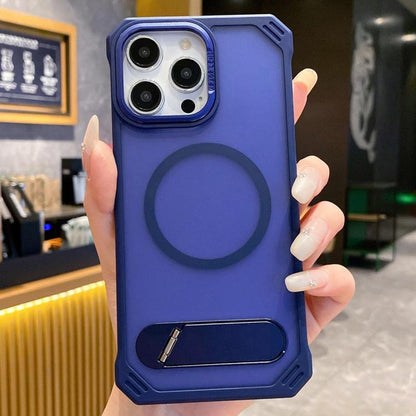 For iPhone 15 Pro Max Skin Feel Frameless MagSafe PC Phone Case with Fold Holder(Blue) - iPhone 15 Pro Max Cases by buy2fix | Online Shopping UK | buy2fix