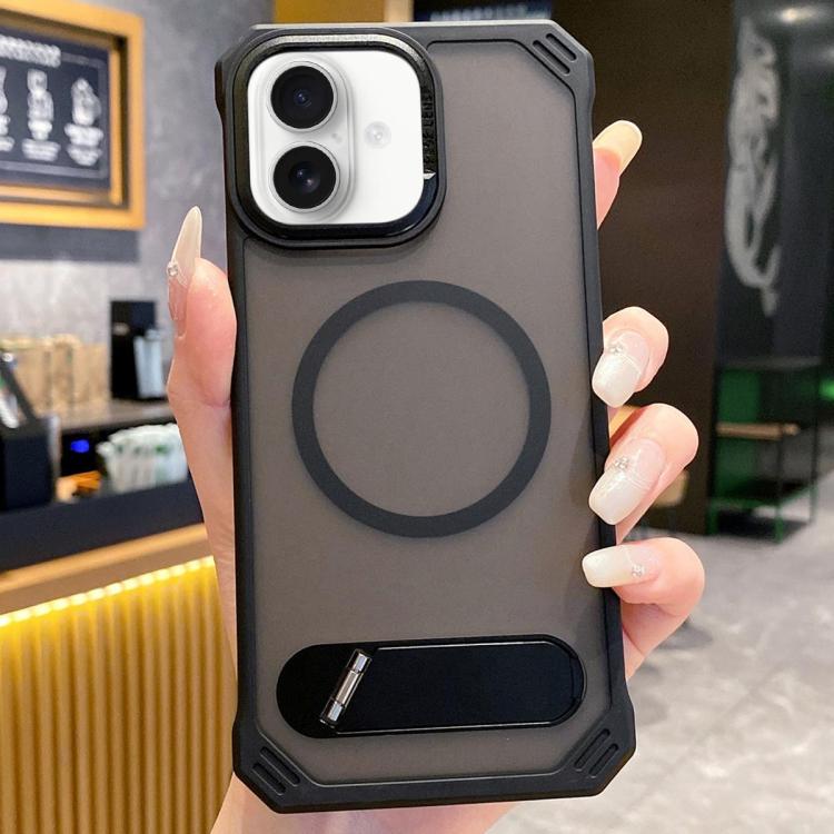 For iPhone 16 Skin Feel Frameless MagSafe PC Phone Case with Fold Holder(Black) - iPhone 16 Cases by buy2fix | Online Shopping UK | buy2fix