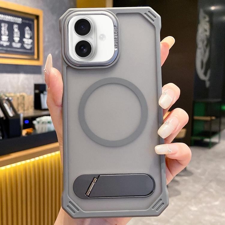 For iPhone 16 Skin Feel Frameless MagSafe PC Phone Case with Fold Holder(Grey) - iPhone 16 Cases by buy2fix | Online Shopping UK | buy2fix