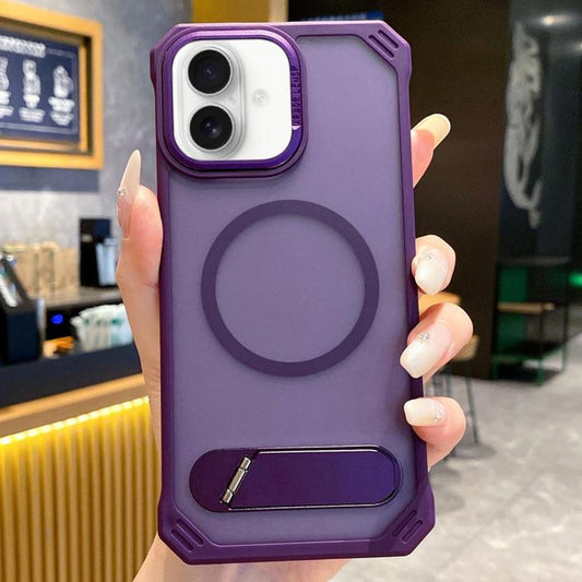 For iPhone 16 Plus Skin Feel Frameless MagSafe PC Phone Case with Fold Holder(Purple) - iPhone 16 Plus Cases by buy2fix | Online Shopping UK | buy2fix