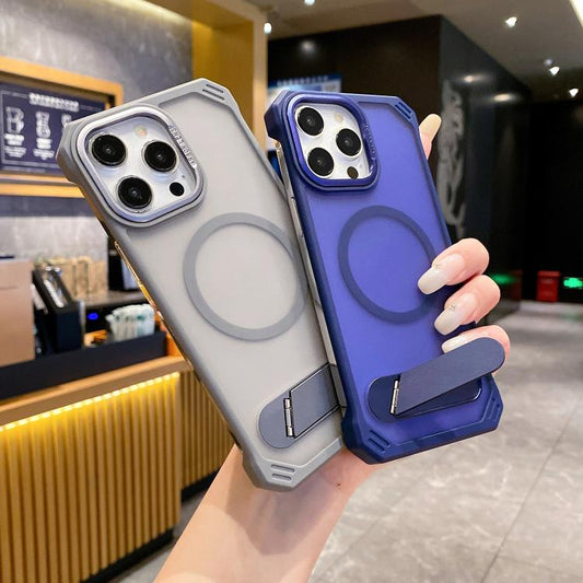 For iPhone 15 Skin Feel Frameless MagSafe PC Phone Case with Fold Holder(Purple) - iPhone 15 Cases by buy2fix | Online Shopping UK | buy2fix