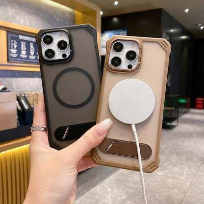 For iPhone 14 Skin Feel Frameless MagSafe PC Phone Case with Fold Holder(Desert Gold) - iPhone 14 Cases by buy2fix | Online Shopping UK | buy2fix