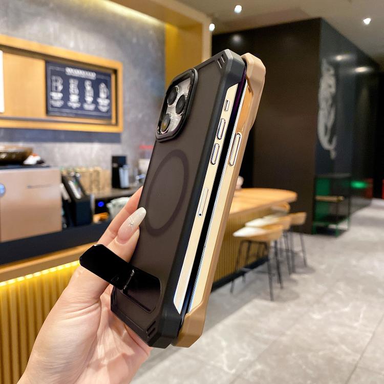 For iPhone 16 Skin Feel Frameless MagSafe PC Phone Case with Fold Holder(Purple) - iPhone 16 Cases by buy2fix | Online Shopping UK | buy2fix