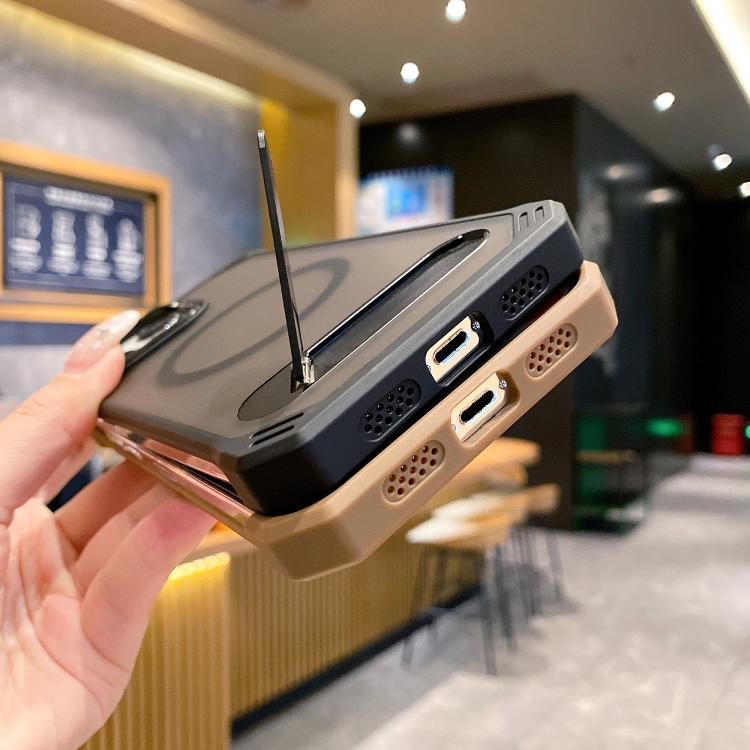 For iPhone 15 Skin Feel Frameless MagSafe PC Phone Case with Fold Holder(Desert Gold) - iPhone 15 Cases by buy2fix | Online Shopping UK | buy2fix