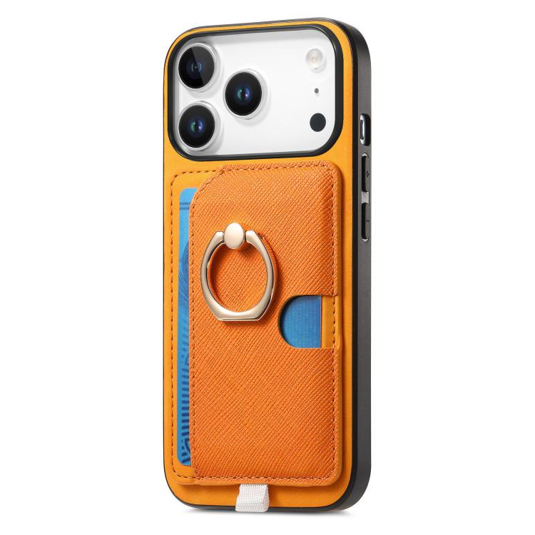 For iPhone 17 Pro Retro Cross Leather Ring Side Insert Card Bag MagSafe Phone Case(Yellow) - iPhone 17 Pro Cases by buy2fix | Online Shopping UK | buy2fix