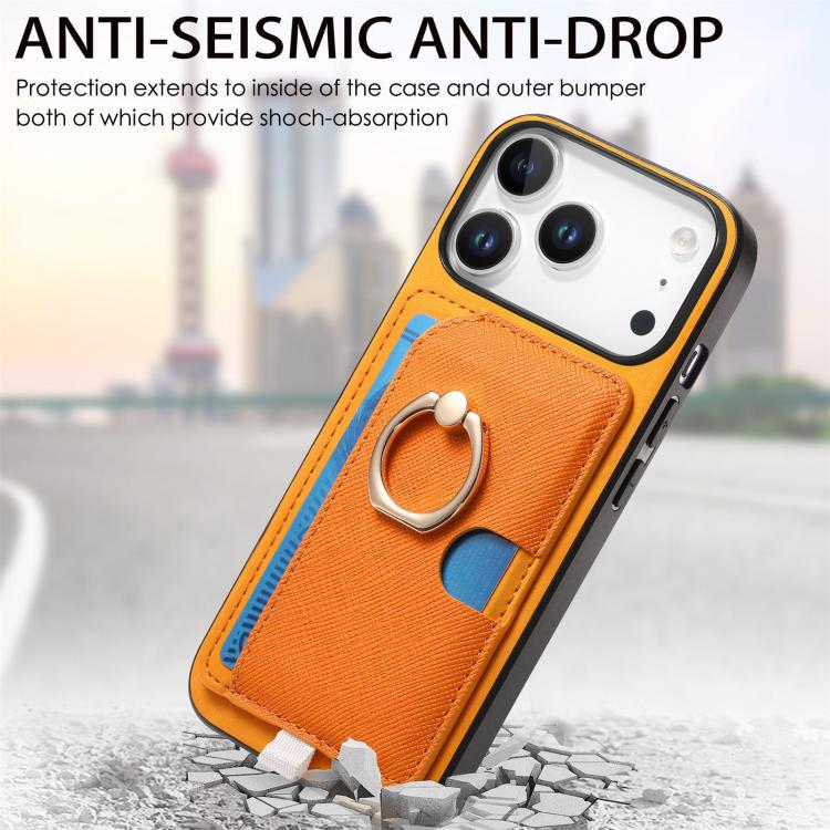 For iPhone 17 Pro Retro Cross Leather Ring Side Insert Card Bag MagSafe Phone Case(Yellow) - iPhone 17 Pro Cases by buy2fix | Online Shopping UK | buy2fix