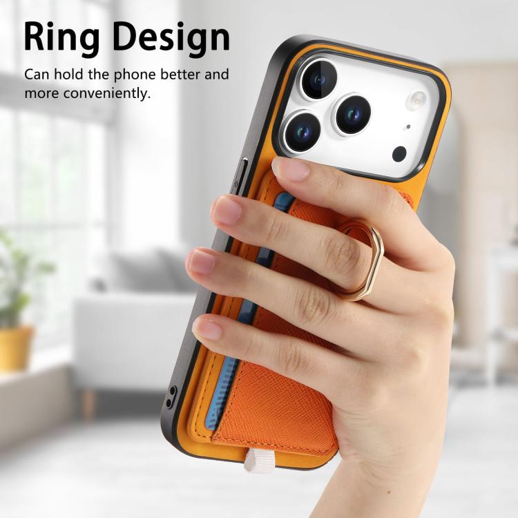 For iPhone 17 Pro Retro Cross Leather Ring Side Insert Card Bag MagSafe Phone Case(Yellow) - iPhone 17 Pro Cases by buy2fix | Online Shopping UK | buy2fix