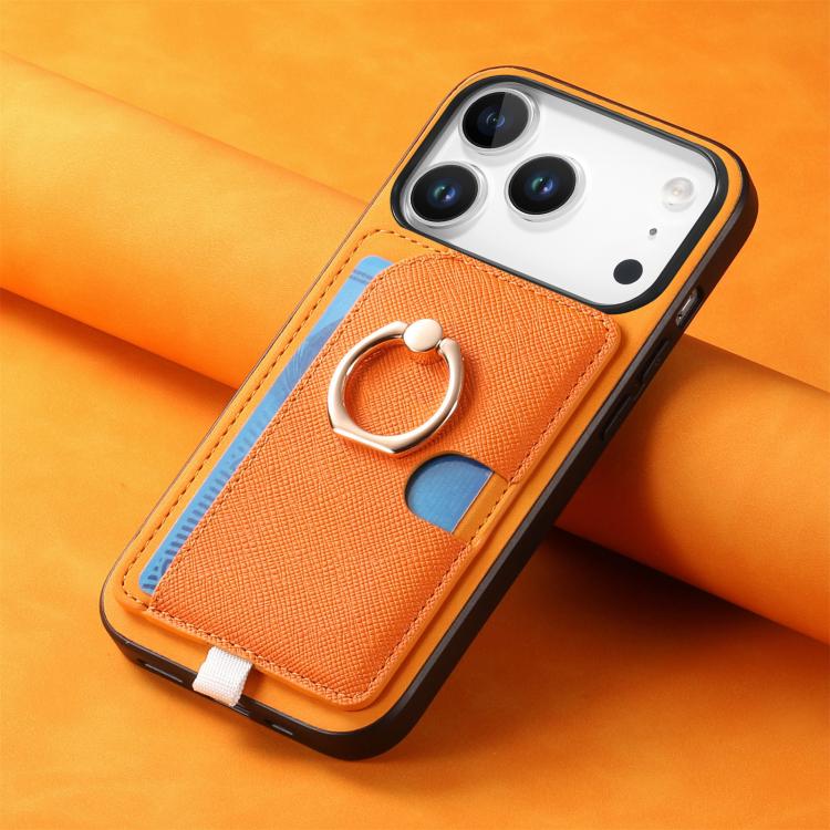 For iPhone 17 Pro Retro Cross Leather Ring Side Insert Card Bag MagSafe Phone Case(Yellow) - iPhone 17 Pro Cases by buy2fix | Online Shopping UK | buy2fix