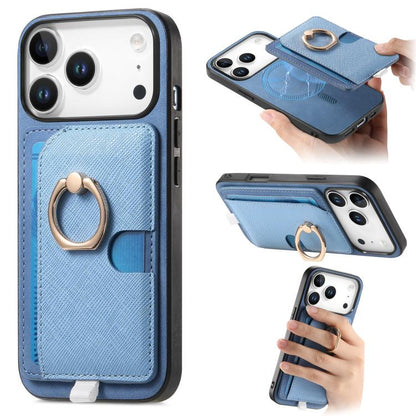 For iPhone 17 Pro Retro Cross Leather Ring Side Insert Card Bag MagSafe Phone Case(Blue) - iPhone 17 Pro Cases by buy2fix | Online Shopping UK | buy2fix