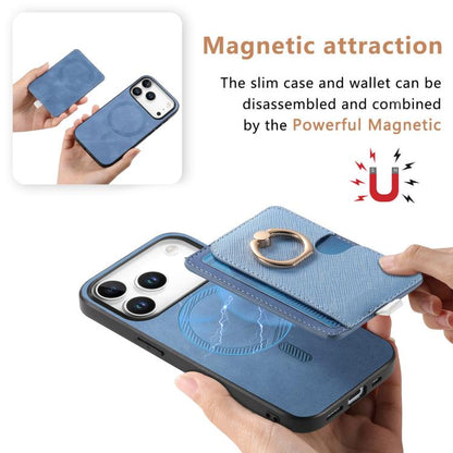 For iPhone 17 Pro Retro Cross Leather Ring Side Insert Card Bag MagSafe Phone Case(Blue) - iPhone 17 Pro Cases by buy2fix | Online Shopping UK | buy2fix