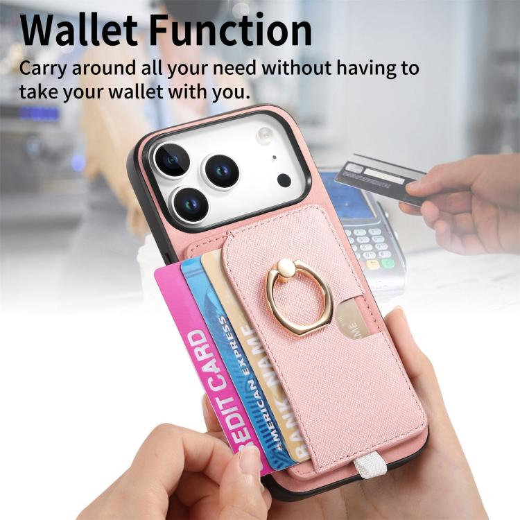 For iPhone 17 Pro Retro Cross Leather Ring Side Insert Card Bag MagSafe Phone Case(Pink) - iPhone 17 Pro Cases by buy2fix | Online Shopping UK | buy2fix