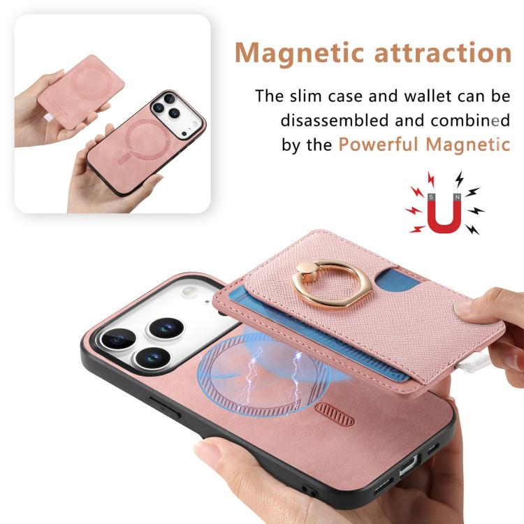 For iPhone 17 Pro Retro Cross Leather Ring Side Insert Card Bag MagSafe Phone Case(Pink) - iPhone 17 Pro Cases by buy2fix | Online Shopping UK | buy2fix
