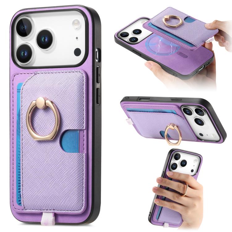 For iPhone 17 Pro Retro Cross Leather Ring Side Insert Card Bag MagSafe Phone Case(Purple) - iPhone 17 Pro Cases by buy2fix | Online Shopping UK | buy2fix