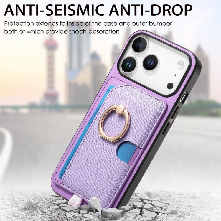 For iPhone 17 Pro Retro Cross Leather Ring Side Insert Card Bag MagSafe Phone Case(Purple) - iPhone 17 Pro Cases by buy2fix | Online Shopping UK | buy2fix