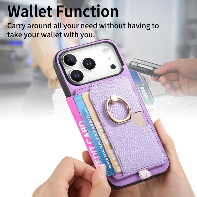 For iPhone 17 Pro Retro Cross Leather Ring Side Insert Card Bag MagSafe Phone Case(Purple) - iPhone 17 Pro Cases by buy2fix | Online Shopping UK | buy2fix