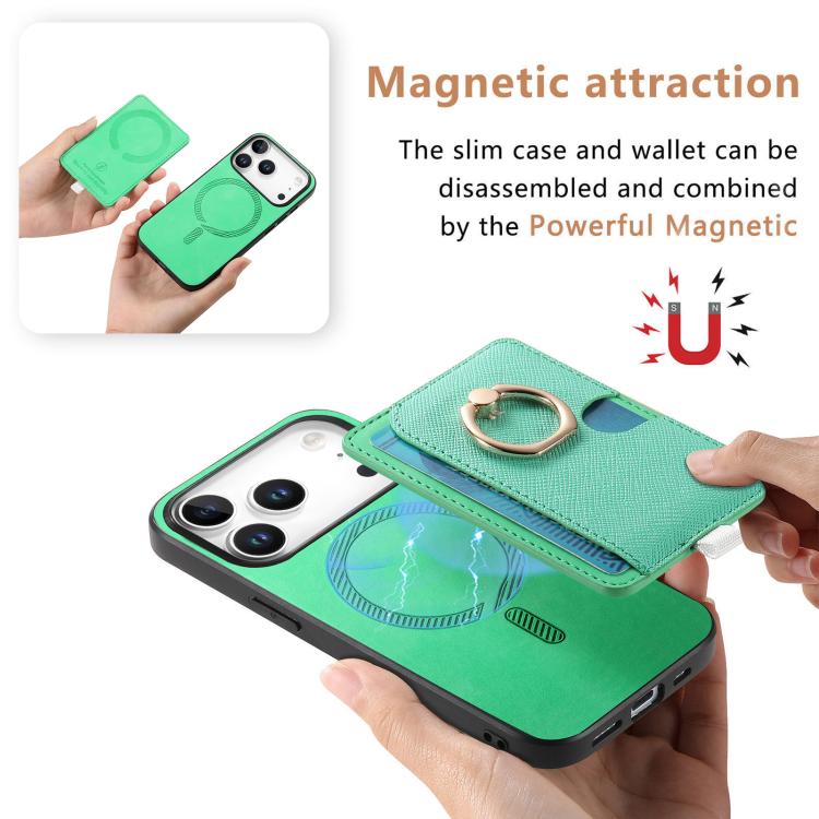 For iPhone 17 Pro Retro Cross Leather Ring Side Insert Card Bag MagSafe Phone Case(Green) - iPhone 17 Pro Cases by buy2fix | Online Shopping UK | buy2fix